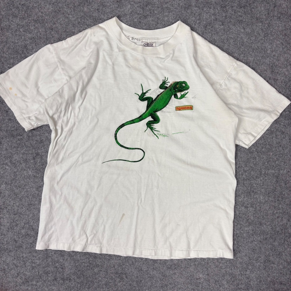 Vintage 1989 Oneita Iguana T Shirt Mens XL White Randy Johnson Single Stitch USA